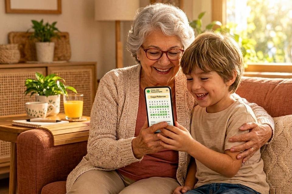 Avó e neto sorrindo juntos enquanto jogam caça-palavras no celular
