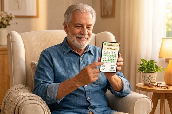 Senhor sorrindo enquanto joga caça-palavras no celular, sentado na poltrona