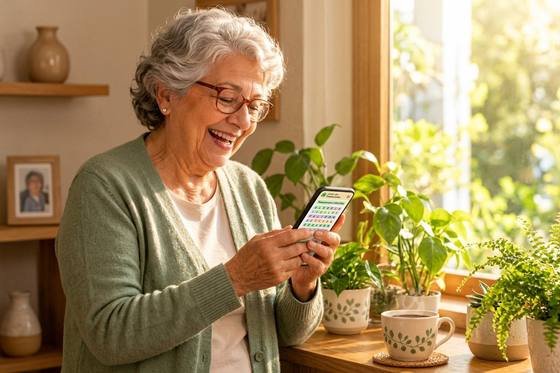 Senhora rindo enquanto joga caça-palavras no celular perto da janela com plantas