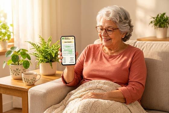 Senhora sorrindo enquanto joga caça-palavras no celular, sentada no sofá de casa